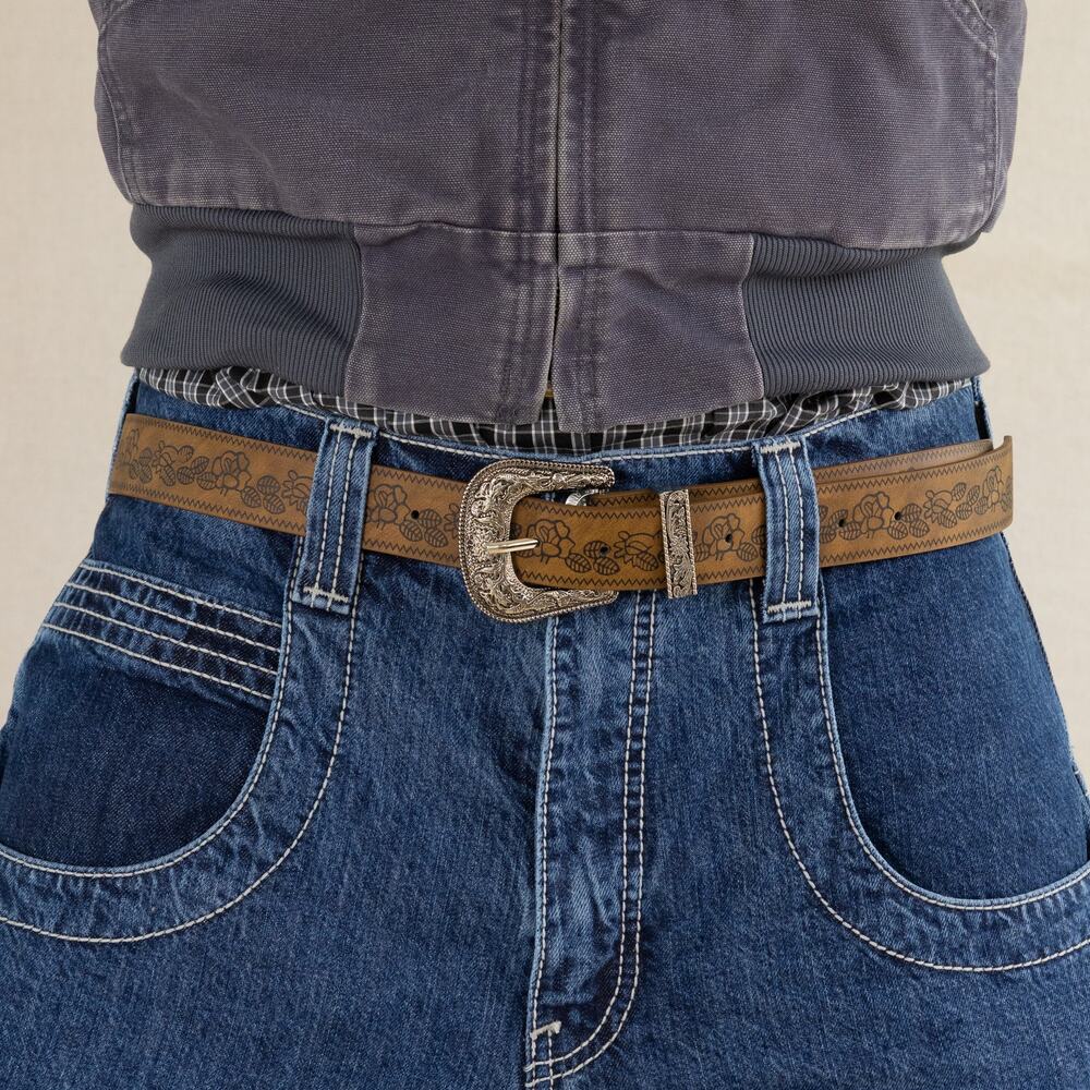 Y2K Brown Leather Belt Silver Buckle Adjustable Unisex Vintage New